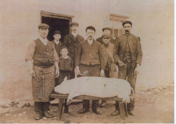 Undated and unnamed copy of a photograph of eight people standing with a dead pig. One of the gentlemen has a knife ready to butcher the pig and two other adults have scrapers for removing the bristles